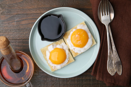 Tasty kaya toasts with half-boiled eggs served on wooden table, flat lay. Traditional asian...