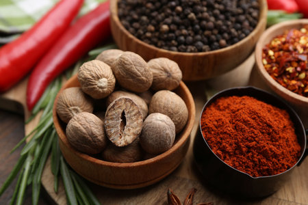 Different aromatic spices on wooden table, closeupの写真素材