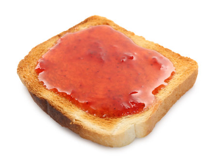Toast with tasty strawberry jam isolated on whiteの写真素材