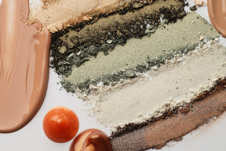 Different cosmetic products on white background, flat layの写真素材