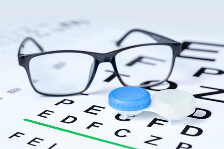 Glasses and lenses on vision test chart, closeup