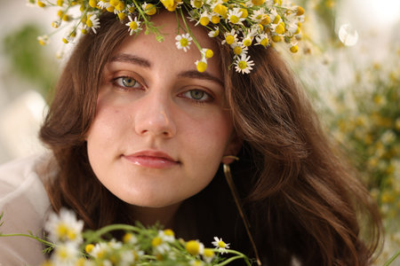 Portrait of beautiful woman with chamomile flowers indoorsの写真素材