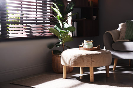 Stylish pouf with tea set in living roomの写真素材