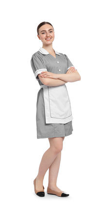 Full-length portrait of happy chambermaid on white backgroundの写真素材