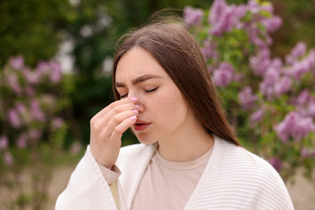 Woman suffering from seasonal pollen allergy near blossoming shrub on spring dayの写真素材