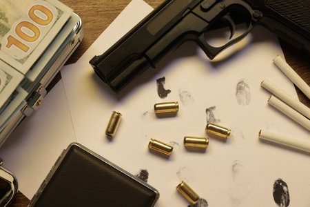 Mafia and criminal world. Gun, bullets, fingerprints, cigarettes and money on wooden table, flat lay