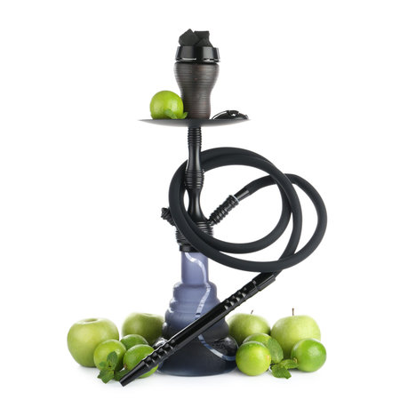 Dark traditional hookah, limes and mint isolated on white