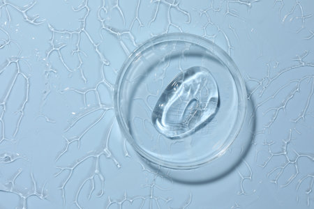 Cosmetic product in Petri dish on light blue background, top viewの写真素材