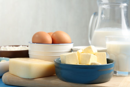 Different dairy products and eggs on table, closeupの写真素材
