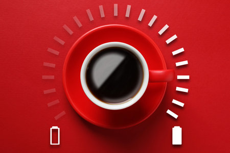 Cup of coffee and energy gauge on red background, top view. Low level battery becoming fully charged...