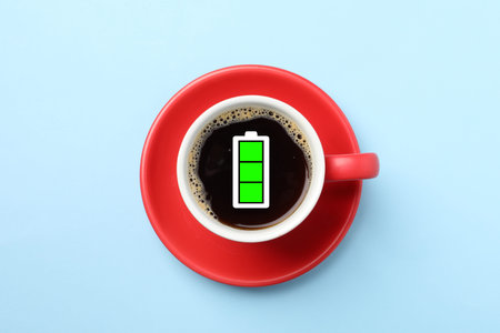 Cup of coffee with fully charged battery indicator on light blue background, top view. Restoring energy with caffeineの写真素材