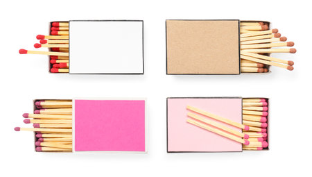 Cardboard boxes with matches on white background, set. Top viewの写真素材