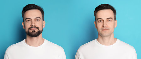Handsome man before and after shaving on light blue background, collage of photos. Banner designの写真素材