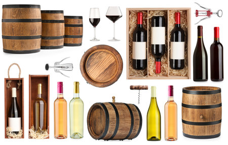 Set with wine bottles, glasses and barrels isolated on whiteの写真素材