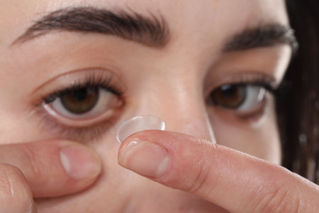 Beautiful woman putting in contact lens, closeupの写真素材