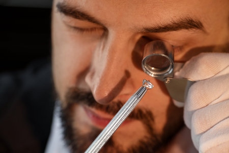 Appraiser with loupe evaluating luxury gemstone indoors, closeup
