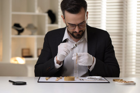 Appraiser with loupe evaluating luxury bracelet at table indoorsの写真素材