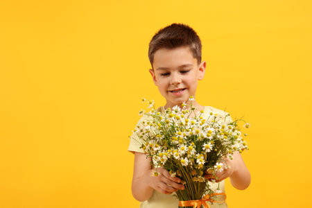 Smiling little boy with bouquet of beautiful chamomile flowers on yellow background. Space for textの写真素材