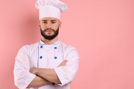 Portrait of confectioner in uniform with crossed arms on pink backgroundの写真素材