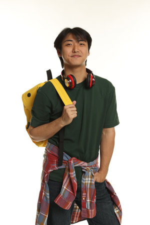Student with headphones and backpack on white background