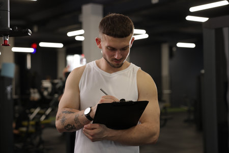 Personal trainer with clipboard in sport centerの写真素材