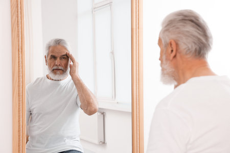 Handsome senior man looking at himself in mirror indoorsの写真素材