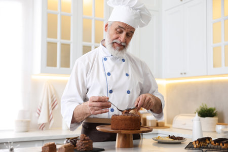 Elderly pastry chef with scoop and spoon of melted chocolate making cake at table in kitchenの写真素材