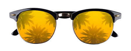 Bright sunglasses with reflection of palms on lenses against white backgroundの写真素材