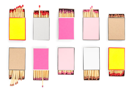 Cardboard boxes with matches on white background, set. Top viewの写真素材