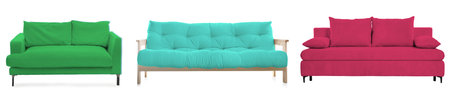 Different colorful sofas isolated on white, set. Furniture for living room interiorの写真素材