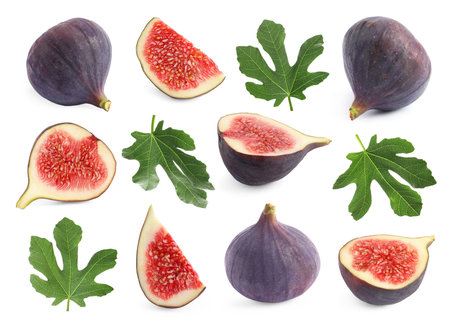 Fresh ripe figs and green leaves isolated on white, collageの写真素材