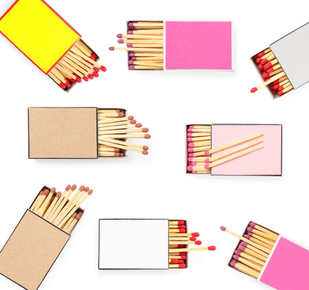 Cardboard boxes with matches on white background, set. Top viewの写真素材