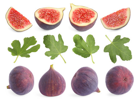 Fresh ripe figs and green leaves isolated on white, collageの写真素材