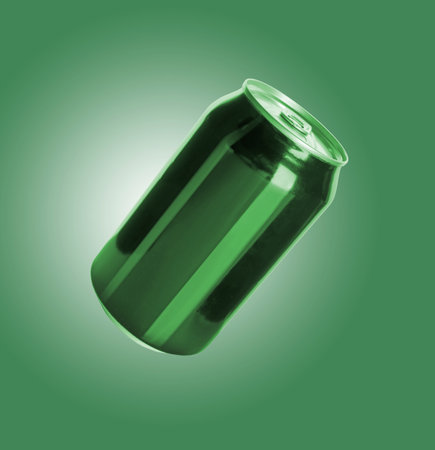 Aluminum can in air on green gradient backgroundの写真素材