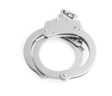 Handcuffs on white background, above view. Police equipmentの写真素材