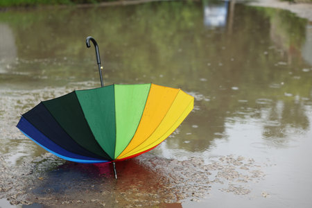 Colorful umbrella on wet asphalt under heavy rain. Space for textの写真素材