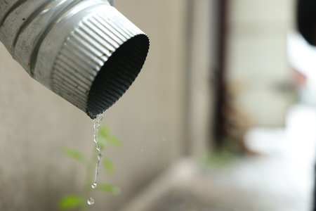 Water dripping from drain pipe outdoors, closeup. Space for textの写真素材