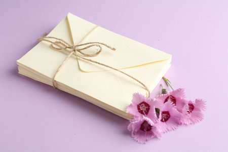 Stack of love letters and carnation flowers on violet background, closeup