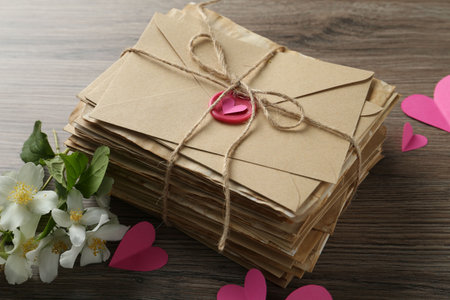 Stack of love letters, paper hearts and flowers on wooden table, closeupの写真素材