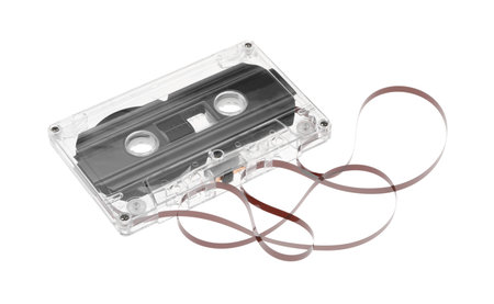One audio cassette with magnetic tape isolated on whiteの写真素材