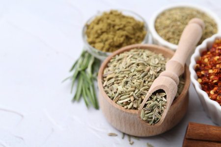 Different aromatic spices on light gray textured table, selective focus. Space for textの写真素材
