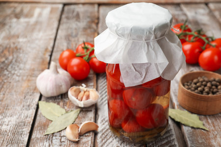 Tasty pickled tomatoes in jar and ingredients on wooden table, closeupの写真素材