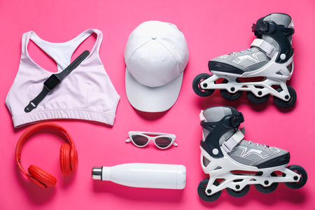 Flat lay composition with roller skates on pink backgroundの写真素材