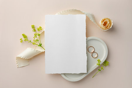 Wedding invitation card, golden rings, floral decor and ribbon on beige background, flat layの写真素材