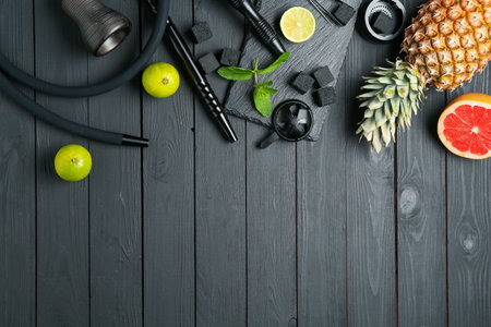 Hookah, coal and fresh fruits on black wooden table, flat lay. Space for text