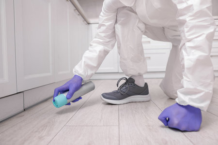 Pest control worker in protective suit spraying insecticide at home, closeupの写真素材