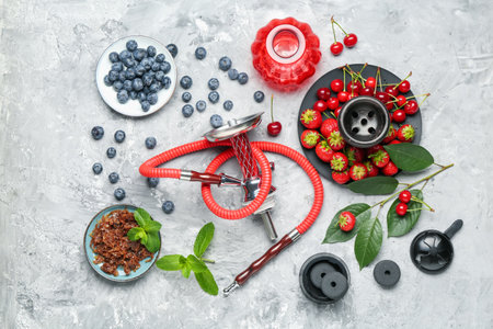 Hookah and fresh fruits on gray table, flat layの写真素材