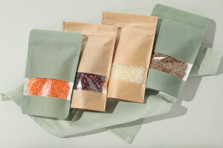 Zipper stand-up pouches with different products on light background, flat lay. Mockup for design