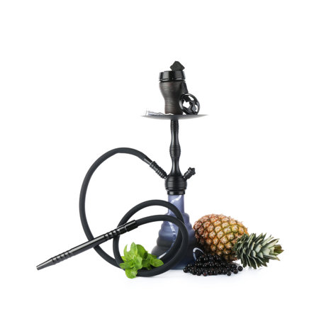 Dark traditional hookah, pineapples, black currents and mint isolated on white
