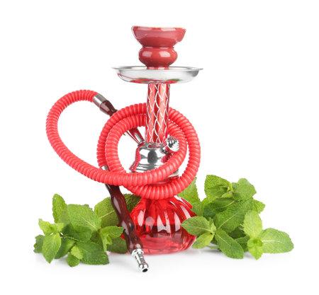 Red traditional hookah and mint isolated on white